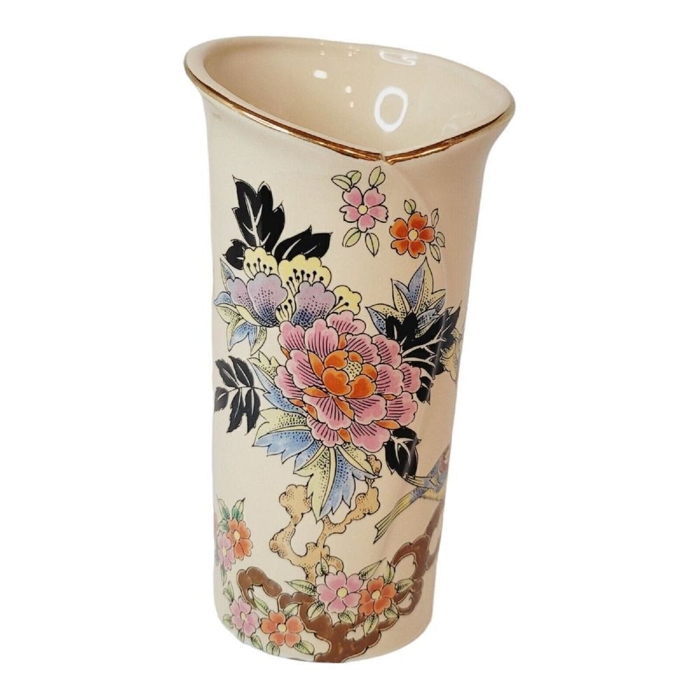 Vintage Shibata Japanese 6" Oval Chin Vase‎ Floral and Bird Design BEAUTIFUL
